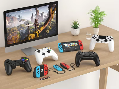 Gaming Entertainment Electronics With Monitor Multiple Controllers And Switch Console On Desk 3d model