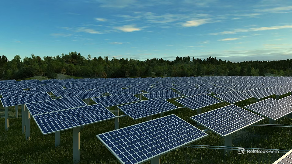 Vast Solar Panel Farm With Blue Sky Green Trees In Renewable Energy Field 3d model 