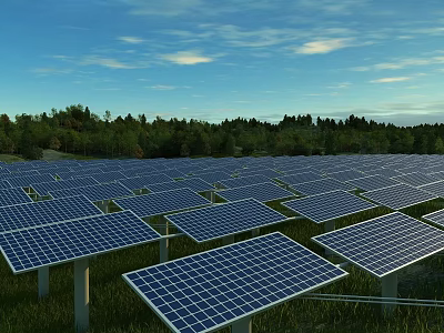 Vast Solar Panel Farm With Blue Sky Green Trees In Renewable Energy Field 3d model