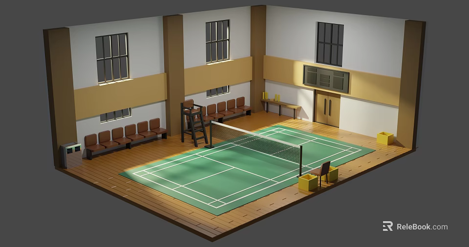 Indoor Sports Fitness Badminton Court Featuring Green Surface White Net Benches And Wooden Flooring 3d model 