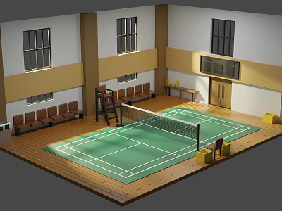 Indoor Sports Fitness Badminton Court Featuring Green Surface White Net Benches And Wooden Flooring 3d model