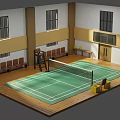 Indoor Sports Fitness Badminton Court Featuring Green Surface White Net Benches And Wooden Flooring