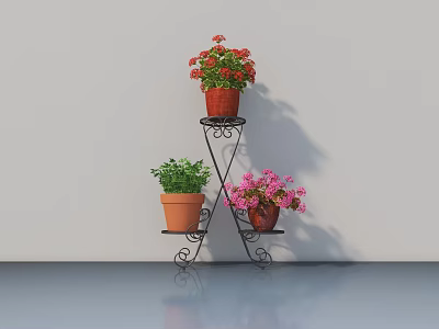 Potted Plants On Black Metal Three Tier Stand With Red Pink Flowers And Green Foliage 3d model