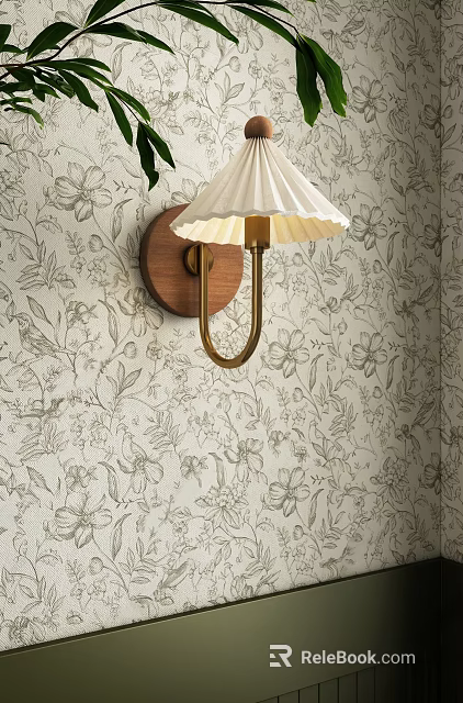 Elegant Wall Light With Wooden Base Golden Bracket And White Pleated Shade On Floral Wallpaper 3d model 