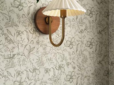 Elegant Wall Light With Wooden Base Golden Bracket And White Pleated Shade On Floral Wallpaper 3d model