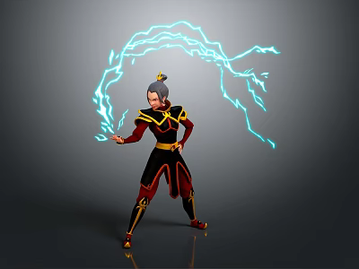 Fantasy Game Character In Red Yellow Black Outfit With Topknot Hairstyle Casting Blue Lightning Effects 3d model