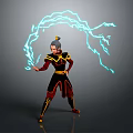 Fantasy Game Character In Red Yellow Black Outfit With Topknot Hairstyle Casting Blue Lightning Effects