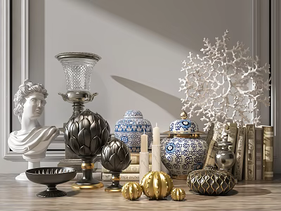 Elegant Decorative Ornament Set With Classical Bust Candle Holders And Coral Sculpture 3d model
