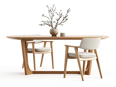 Minimalist Wooden Table And Chairs Set With Padded Seats And Vase With Branches 3d model
