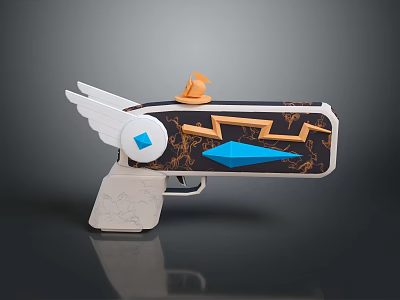 Decorative Gun with White Wings Orange Hat Blue Diamond Orange Lightning and Blue Arrow 3d model