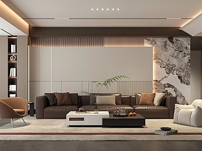 Modern Living Room Interior Design With Brown Sofa White Coffee Table And Marble Accent Wall 3d model