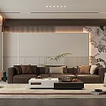 Modern Living Room Interior Design With Brown Sofa White Coffee Table And Marble Accent Wall