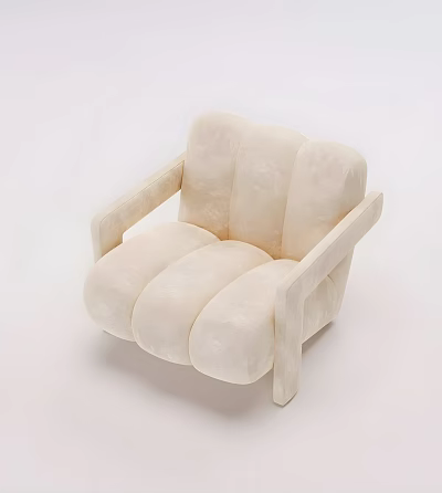 Soft Cream Leisure Chair with Modern Curved Padded Design Upholstered Seat and Wooden Armrests 3d model