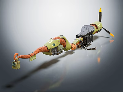 Green And Orange Mechanical Device With Yellow Black Propeller Cables And Slender Structure 3d model