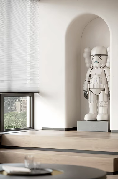 Modern Decorative Ornament Set With White Cartoon Humanoid Figure On Grey Base 3d model