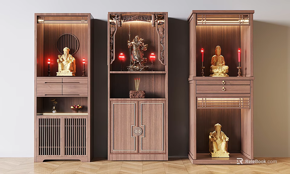 Chinese Style Wooden Buddhist Altar Cabinet with Carved Details Golden Buddha Statues and Red Lights 3d model 