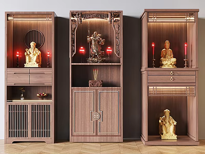 Chinese Style Wooden Buddhist Altar Cabinet with Carved Details Golden Buddha Statues and Red Lights 3d model