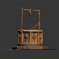 Traditional Ancient Well Architecture With Wooden Pulley Circular Grille And Stone Base