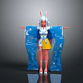 Game Movie Character With Rabbit Ears Red Skin White Hair Blue Kimono And Yellow Skirt