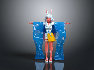 Game Movie Character With Rabbit Ears Red Skin White Hair Blue Kimono And Yellow Skirt 3d model