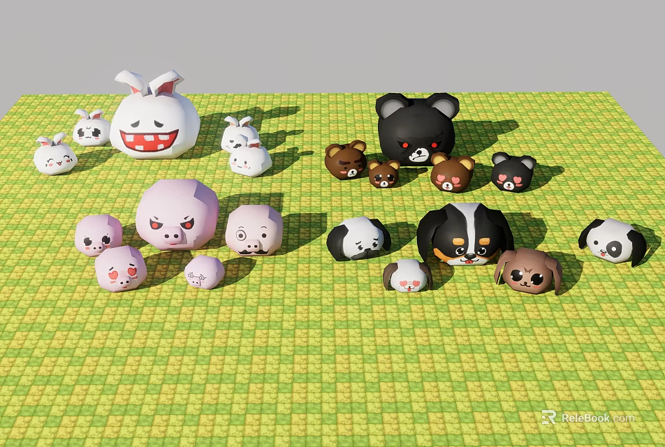 Cute Colorful Plush Animal Characters Rabbit Pig Bear Dog Panda Arranged On Green Checkered Mat 3d model 
