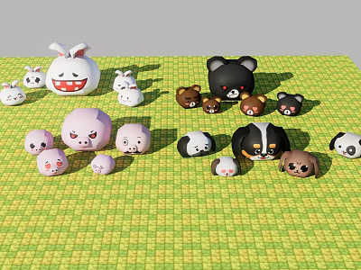 Cute Colorful Plush Animal Characters Rabbit Pig Bear Dog Panda Arranged On Green Checkered Mat 3d model