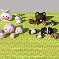 Cute Colorful Plush Animal Characters Rabbit Pig Bear Dog Panda Arranged On Green Checkered Mat
