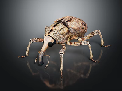 Giant Beetle With Textured Shell Long Snout And Multiple Legs On Dark Reflective Surface 3d model