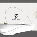 Sleek Modern White Reception Desk With LED Lighting Curved Backdrop Laptop Plant And Brownboutique Logo