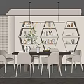 Modern Restaurant Interior With Hexagonal Shelves Pendant Lights Dining Table And Chairs 3d model
