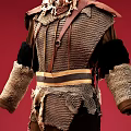 Brown Outfit With Black Sleeves Waist Belt And Tassels On Red Background