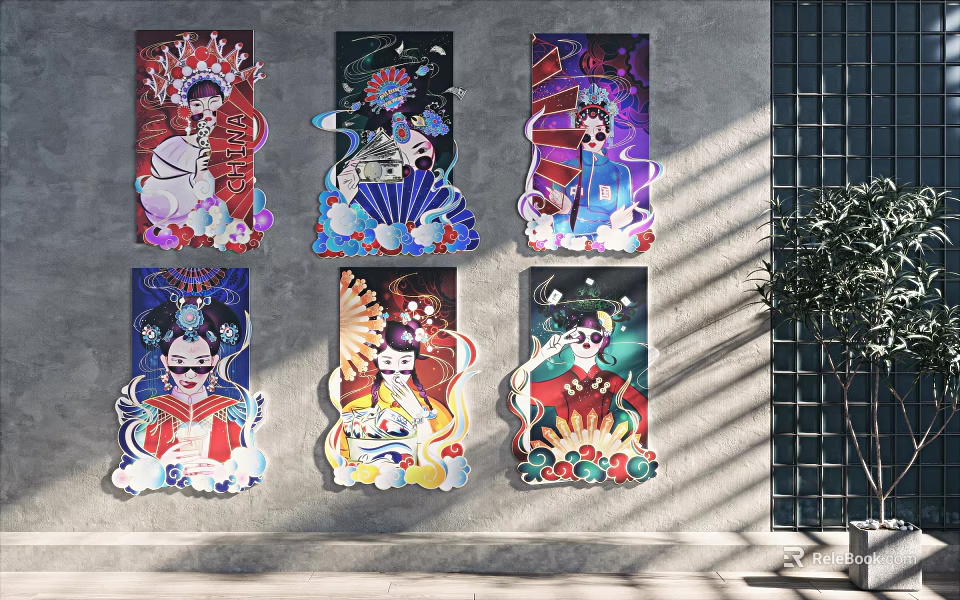 Six Traditional Chinese Figure Paintings With Colorful Decorative Borders And Attire 3d model 