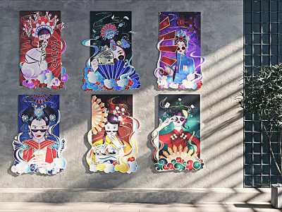 Six Traditional Chinese Figure Paintings With Colorful Decorative Borders And Attire 3d model