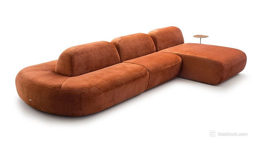 Orange L shaped Sectional Sofa With Plush Velvet Upholstery And Small Side Table 3d model 