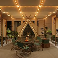 Outdoor Restaurant With Tent Like Structure String Lights Wooden Signs And Green Plants