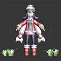 Cute 3D Character Model with Pink Coat Blue Hair Hat and Green Leafy Plants