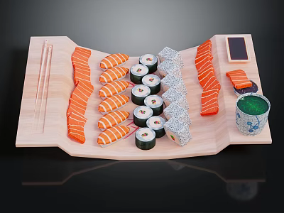Fresh Sushi Platter With Salmon Slices Various Rolls Soy Sauce Chopsticks And Green Tea 3d model