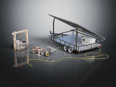 Utility Trailer With Tilt Bed Water Well Tools And Yellow Rope 3d model
