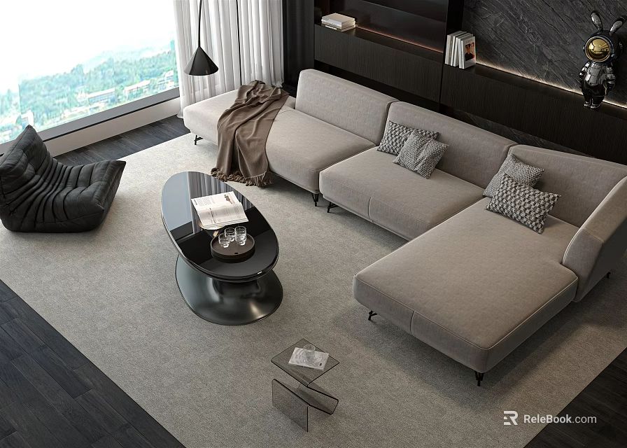 Modern L Shaped Sofa Coffee Table Set With Pillows Throw Blanket And Books 3d model