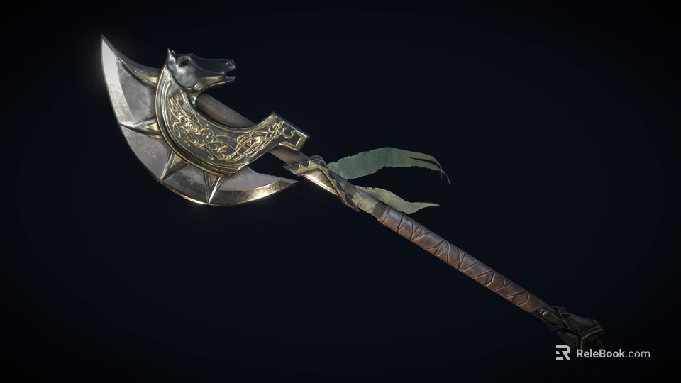 Ornate Battle Axe with Wolf Head Carved Metal Blade Leather Wrapped Handle Green Ribbon 3d model 