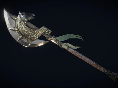 Ornate Battle Axe with Wolf Head Carved Metal Blade Leather Wrapped Handle Green Ribbon 3d model