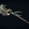 Ornate Battle Axe with Wolf Head Carved Metal Blade Leather Wrapped Handle Green Ribbon