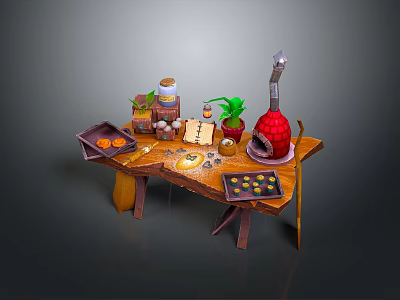 Rustic Wooden Table Decorated With Potted Plants Spice Jars And Small Ornaments 3d model