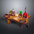 Rustic Wooden Table Decorated With Potted Plants Spice Jars And Small Ornaments