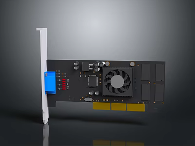 Electronic PCIe Circuit Board With Cooling Fan Heat Sink And Blue Components 3d model