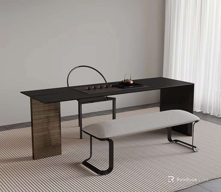 Modern Tea Table and Chairs Set with Black Surface and Metal Frame Design 3d model