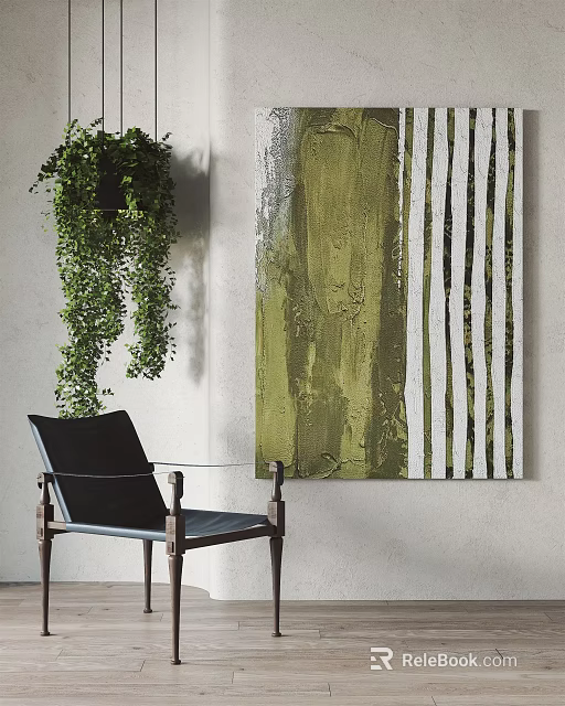 Interior Decor Featuring Green Hanging Plant Green White Striped Abstract Painting And Black Chair 3d model 