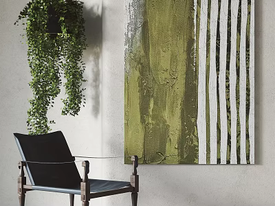 Interior Decor Featuring Green Hanging Plant Green White Striped Abstract Painting And Black Chair 3d model