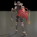 Fantasy Female Game Character With Red Hair Horned Hat Armor Outfit Bow And Staff