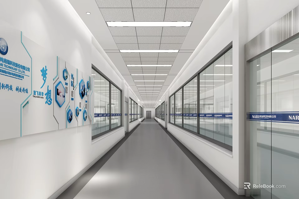 Modern Office Corridor With White Walls Blue Decorations Glass Windows And Ceiling Lights 3d model 